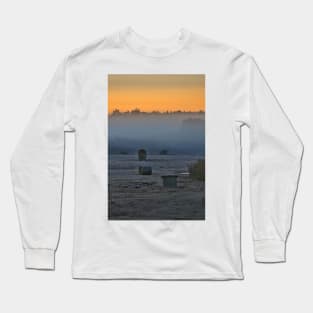 Orange sky Foggy morning  farming landscape Long Sleeve T-Shirt